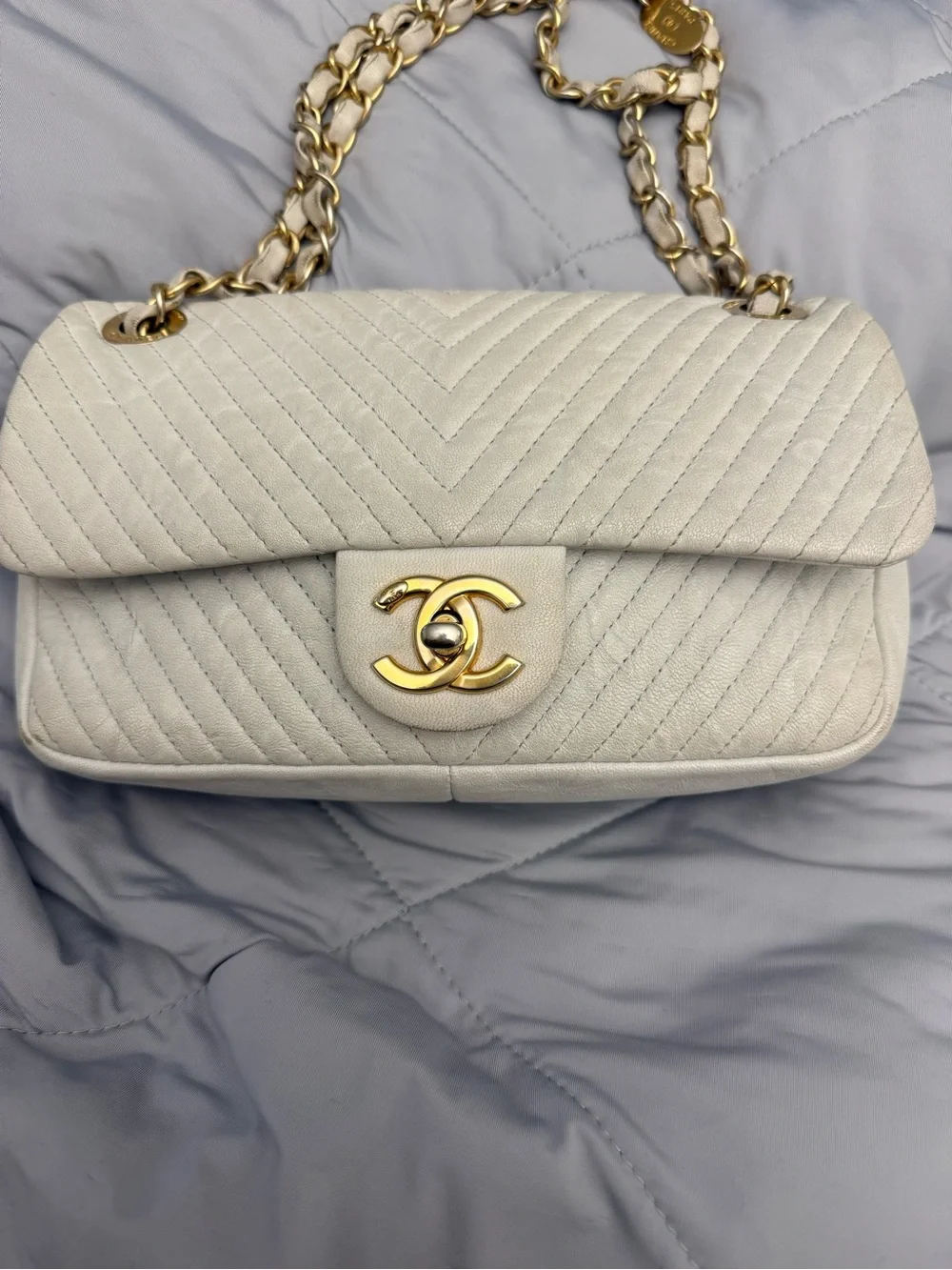 Chanel Quilted Chevron Flap Shoulder Bag in Light Beige